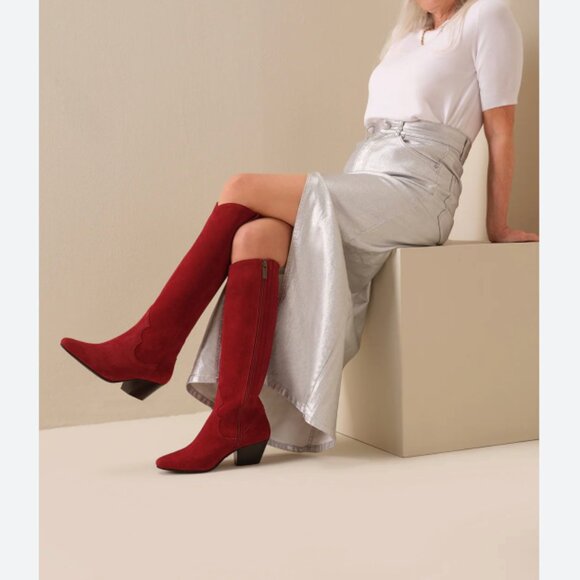 Franco Sarto Shoes - Vintage Red Stretch Suede Knee-High Heel Boots Franco Sarto Y2K 2000 Retail $129